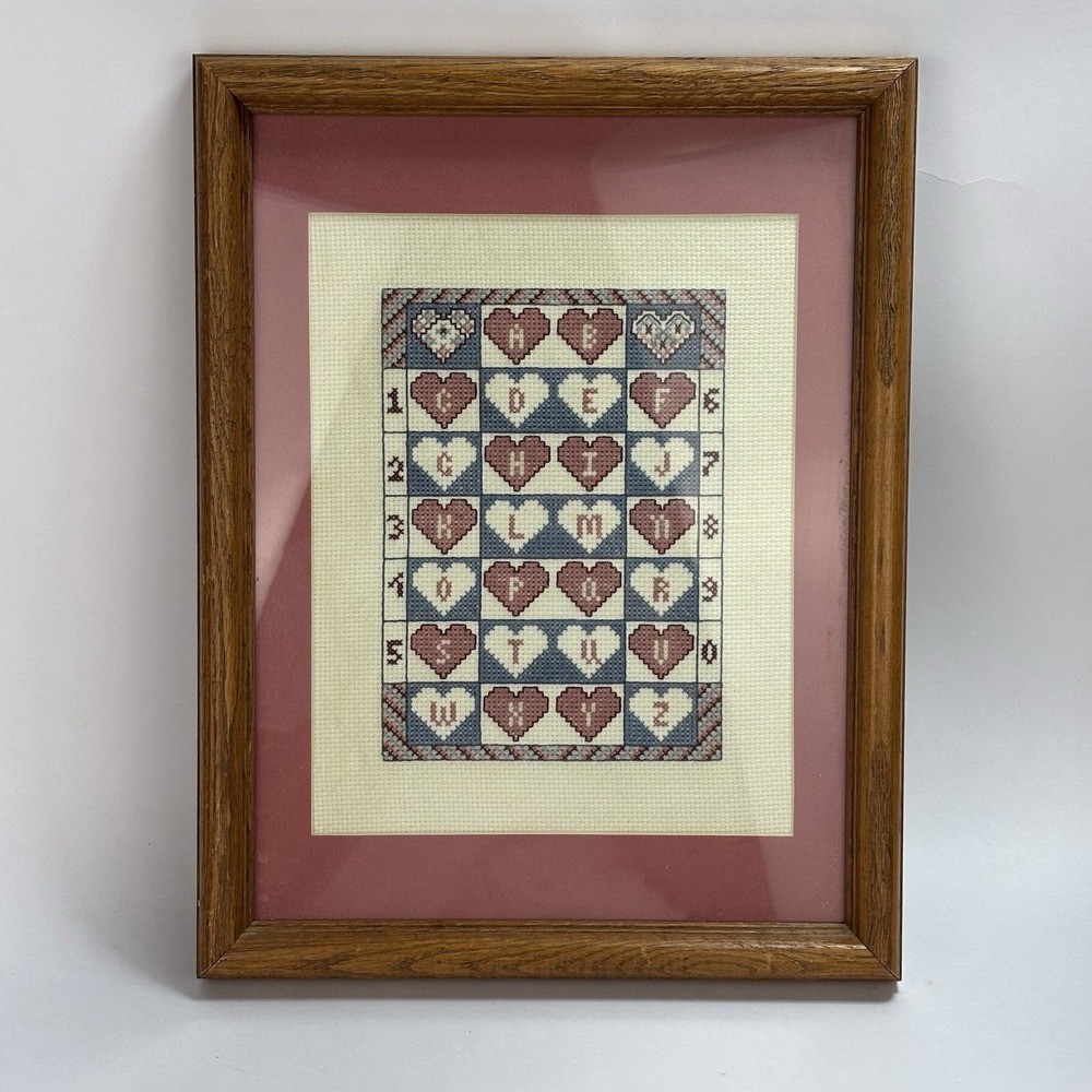Vintage Framed Cross Stitch Alphabet Numbers Sampler Hearts Cottage Core Grandma